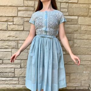Vintage 1940s 1950s Blue Embroidered Day Dress